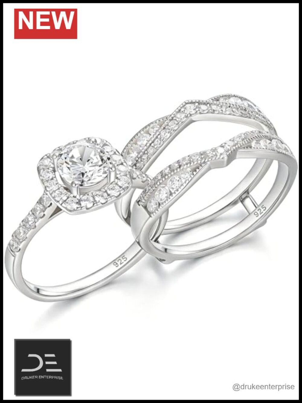 Sterling Silver Bridal Ring Set Round Cut Cubic Zirconia Halo Wedding Rings